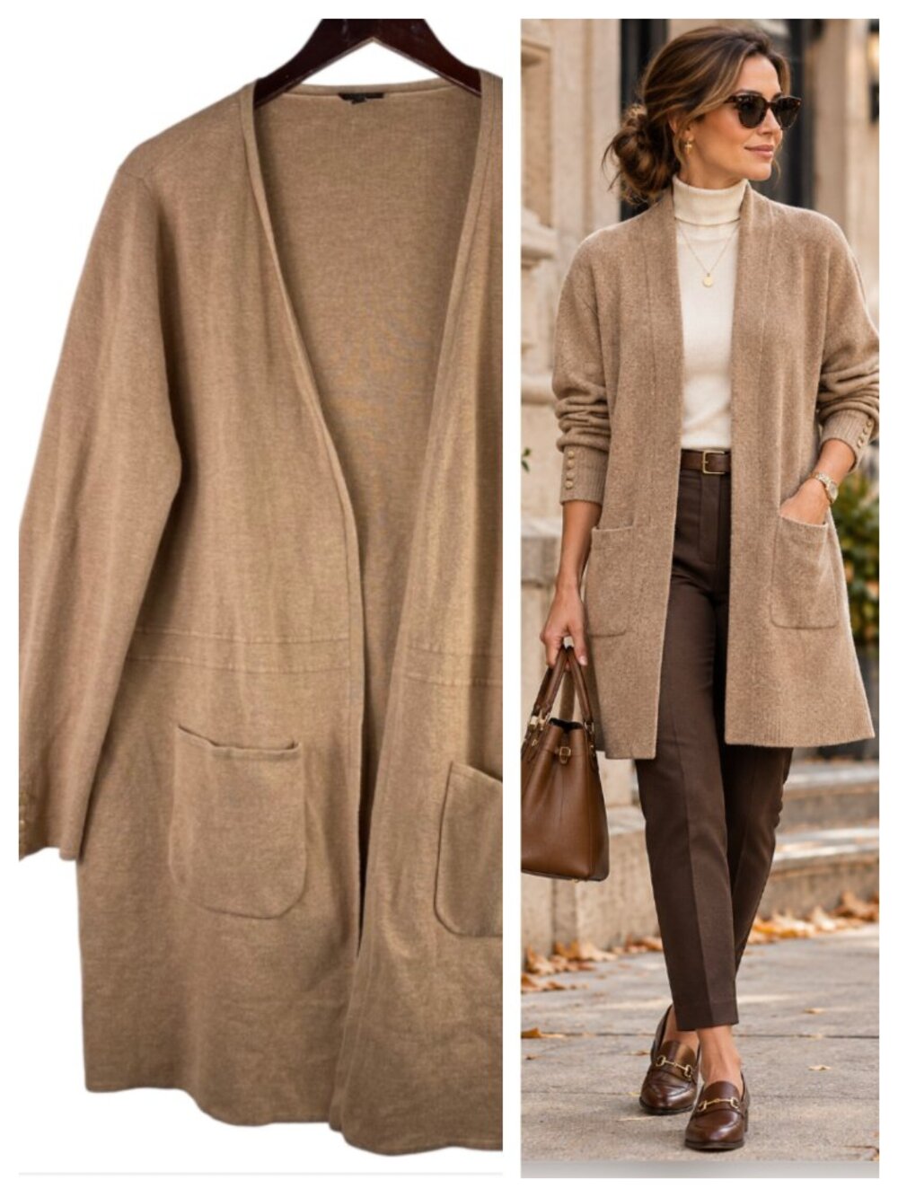 Talbots Sz 1X 16 18 Open Cardigan Sweater Duster Tan Pockets Cotton Stretch